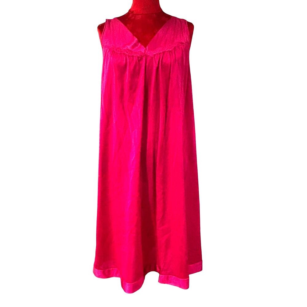 Vintage Vanity Fair silky fushia pink nightie night dress size L lace sleeveless